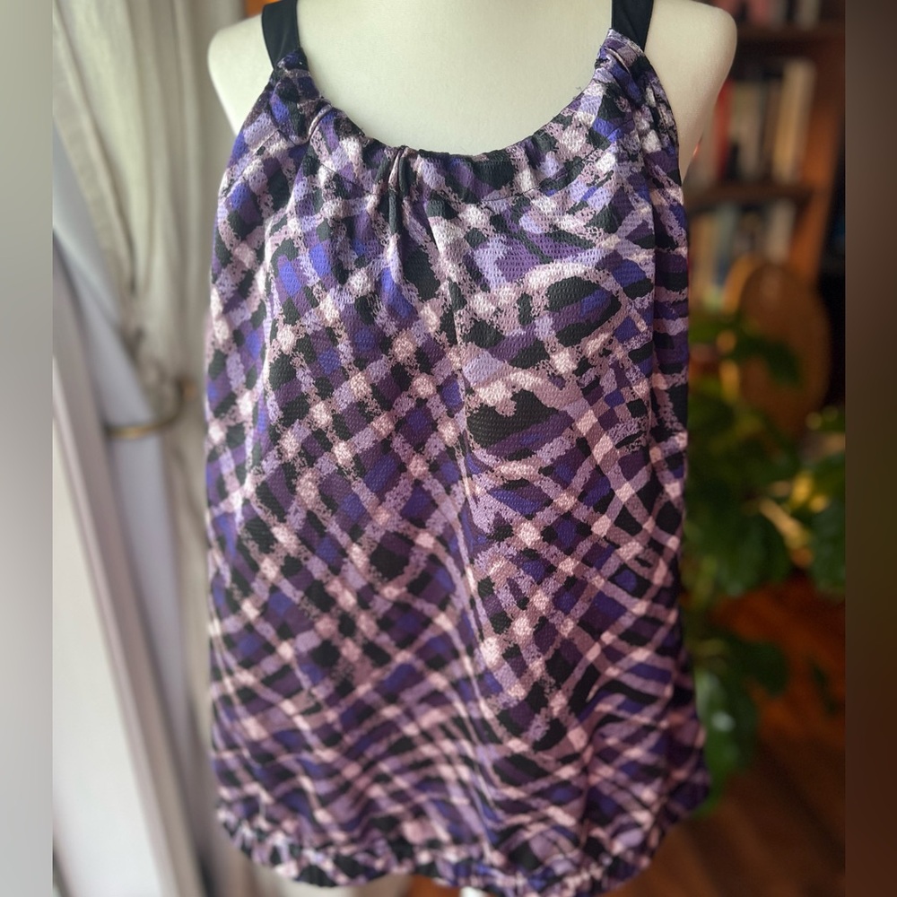 Purple Abstract Plaid Tank Top Bubble Hem Lightweight Size L Soft Grunge Y2K